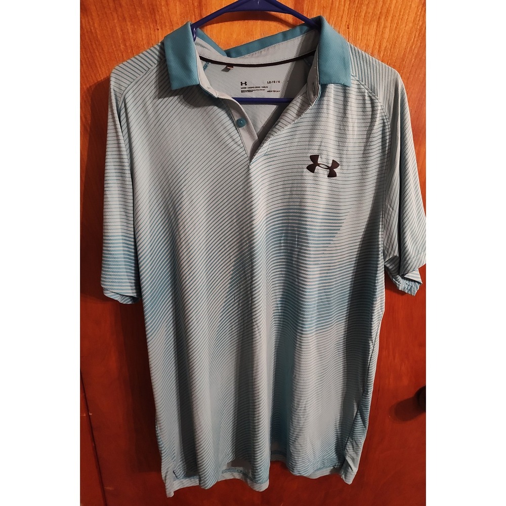 Under Armour Mens Golf Polo Shirt Large Blue Striped HeatGear Loose Fit